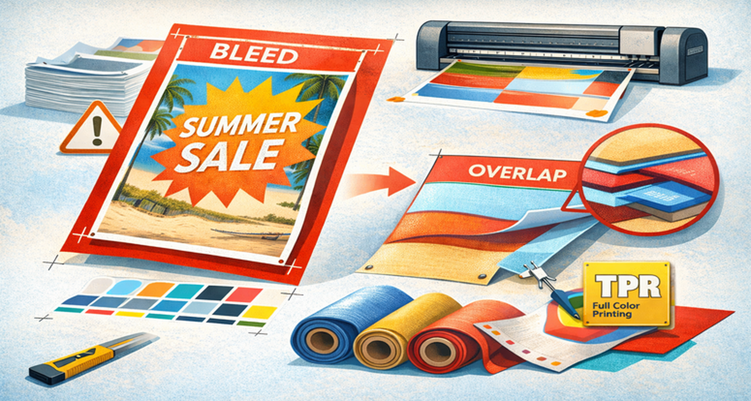 EasySIGN bleed setup with crop marks, overlaps, paneling, and overprinting to prevent white edges during production.