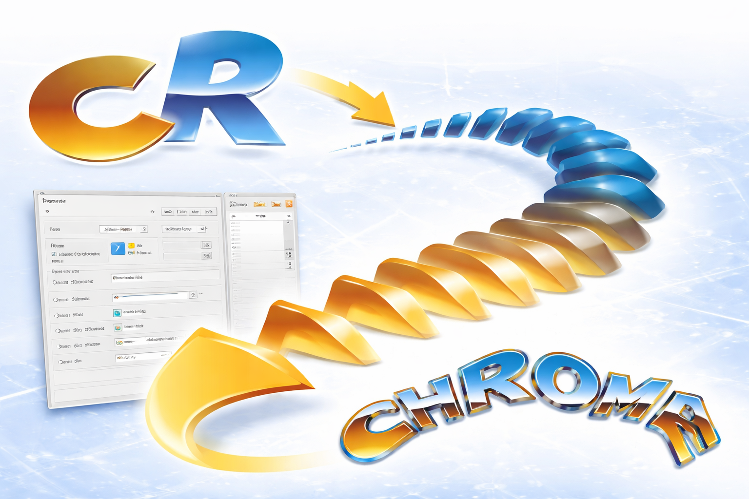 Illustration, die den EasySIGN Blend-Effekt zeigt, bei dem Text und Formen durch Zwischenschritte fließend ineinander übergehen, um ein geschwungenes Ergebnis im Chrome-Stil zu erzielen.