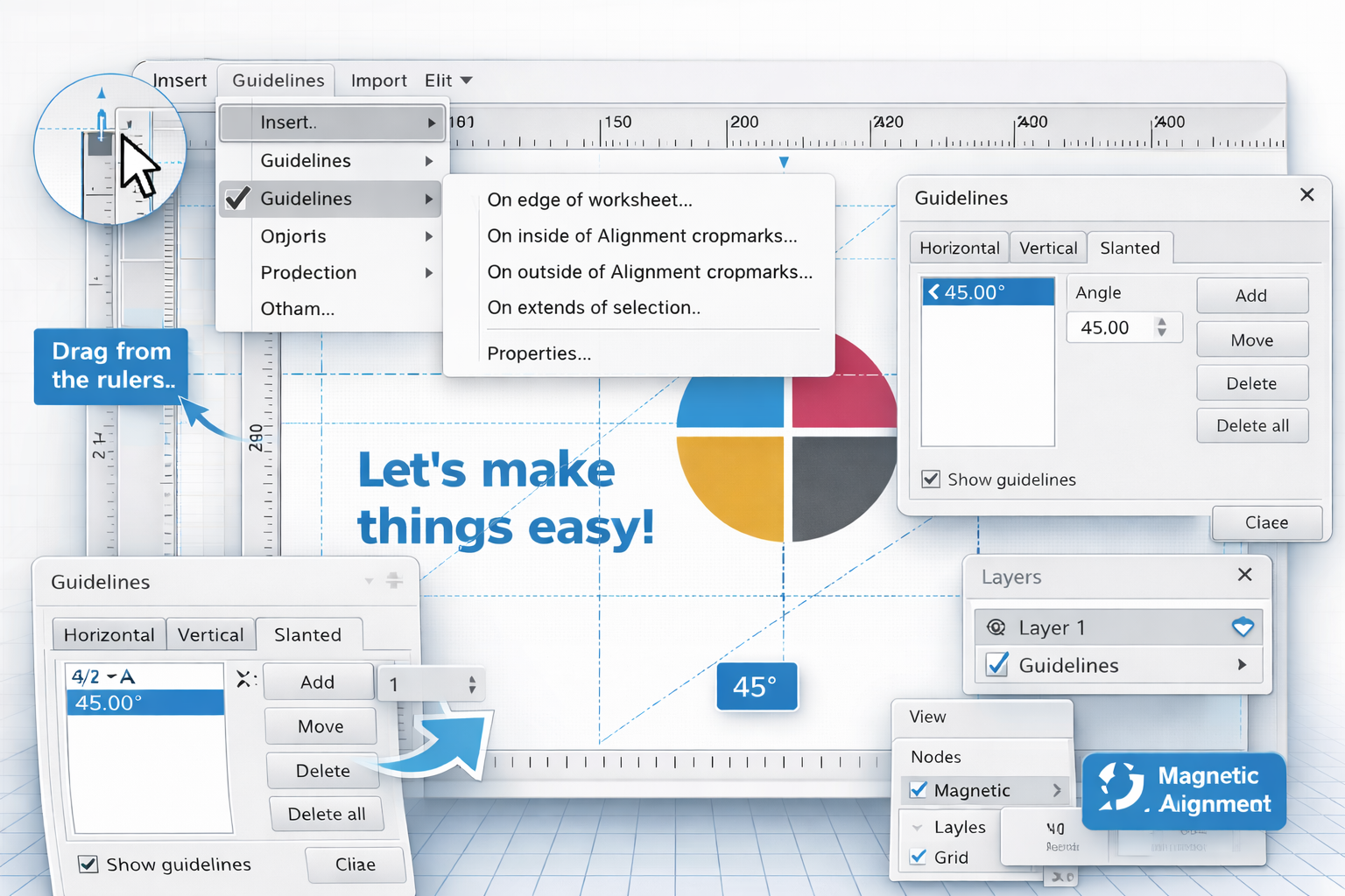 Composite EasySIGN interface screenshot showing horizontal, vertical, and slanted blue dotted guidelines on a worksheet, with guideline menus, properties panels, layers visibility, and magnetic alignment options.