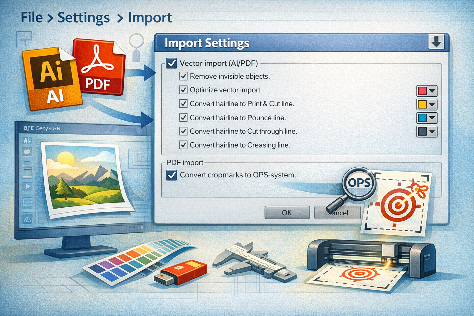 EasySIGN import settings dialog showing optimized AI and PDF vector import options and OPS cropmark conversion.
