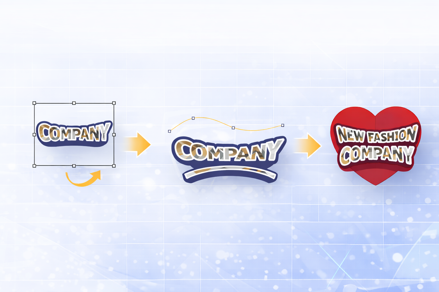 Illustration showing the EasySIGN Mold effect workflow, where text is reshaped from a standard layout into a curved design and then fitted into a red heart shape while keeping a balanced overall size.
