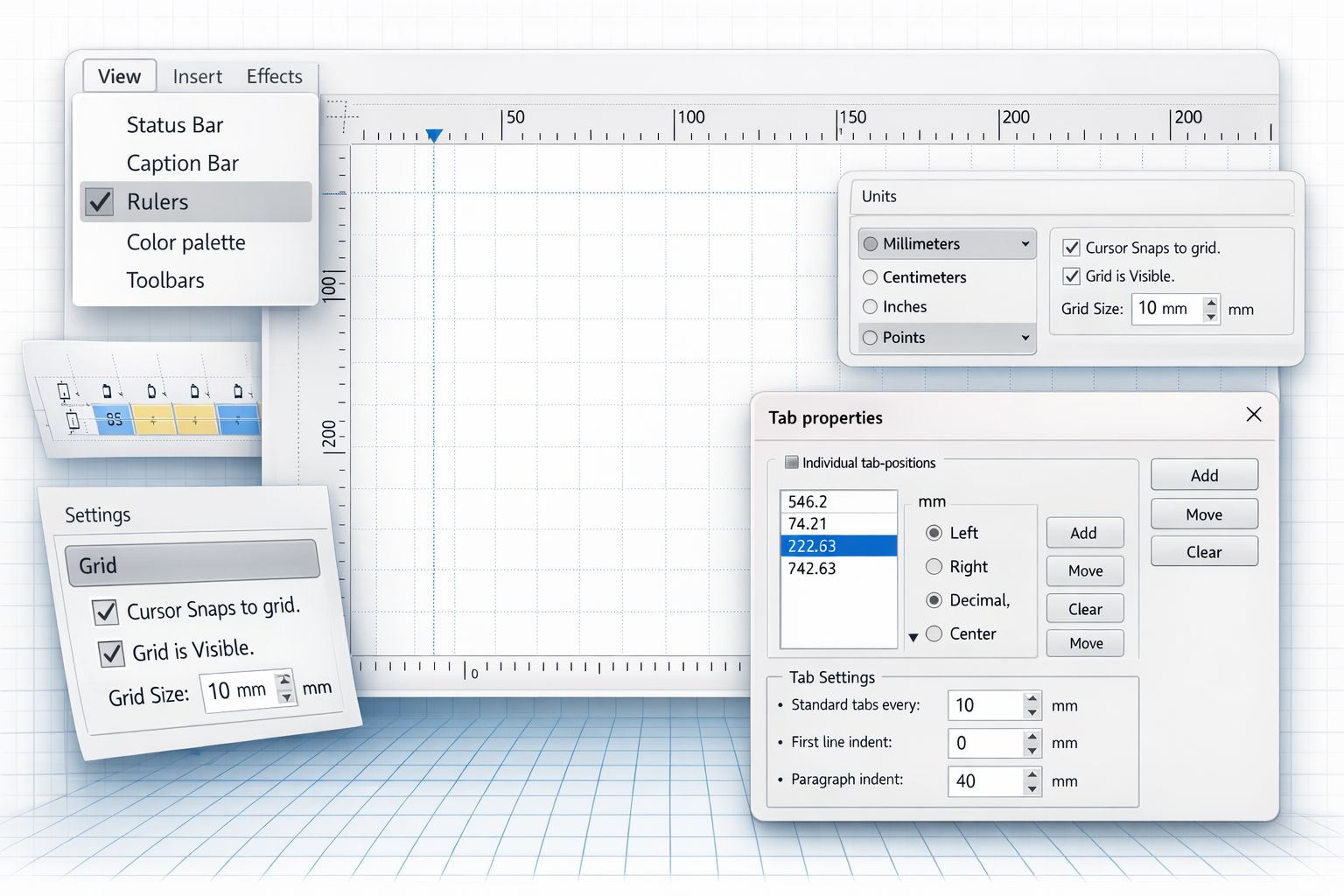 Composite screenshot of the EasySIGN interface showing rulers around a worksheet, the View menu with Rulers enabled, Units and Grid settings panels, and the Tab Properties dialog.