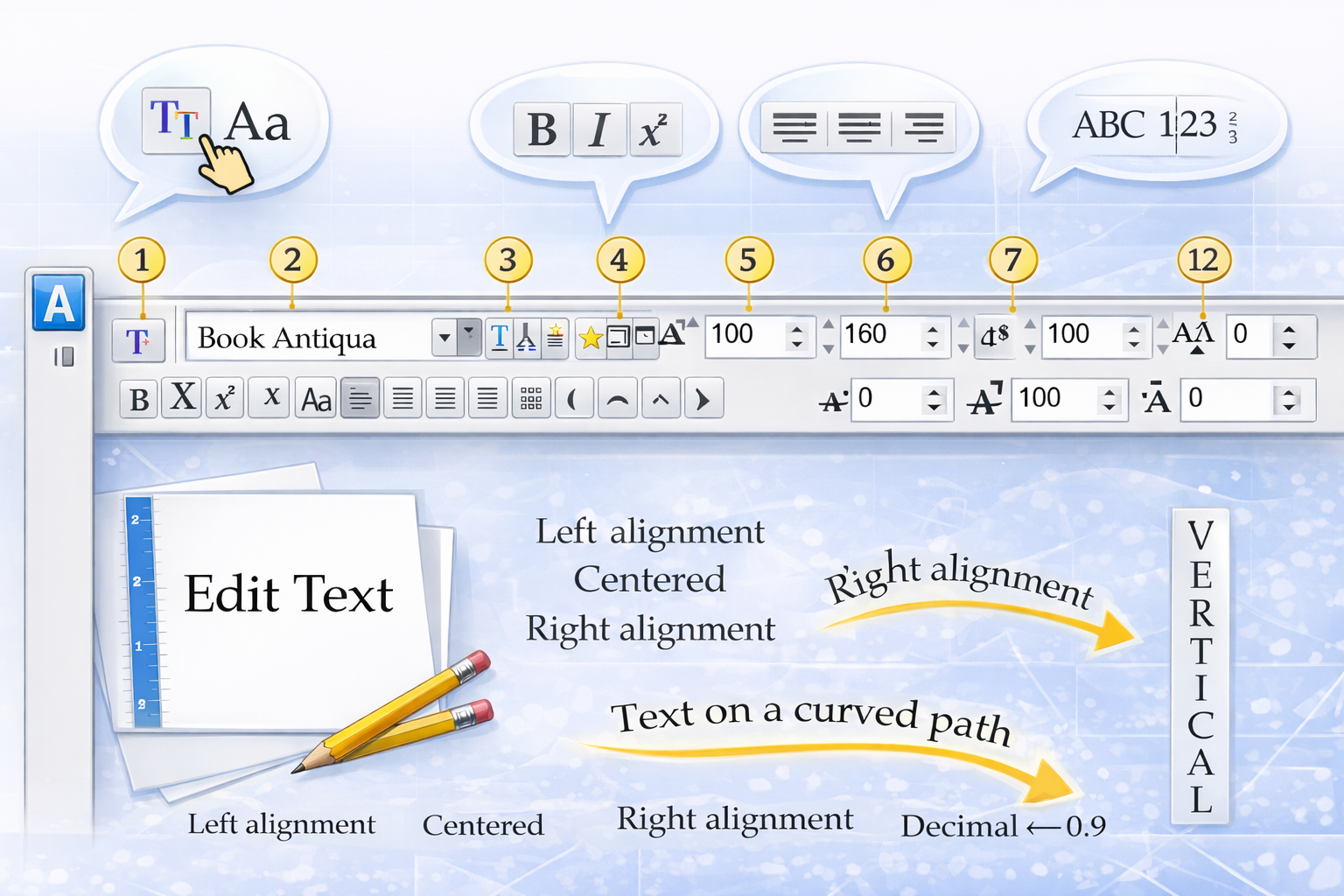 Illustration showing the EasySIGN Text Tool interface with font selection, text styling, alignment controls, decimal alignment, custom kerning, text on path, and vertical text examples.