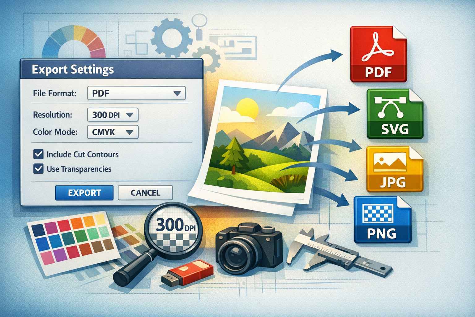 Illustration of EasySIGN export settings showing production line styles, layer mapping and crop mark options for PDF, AI and EPS export.