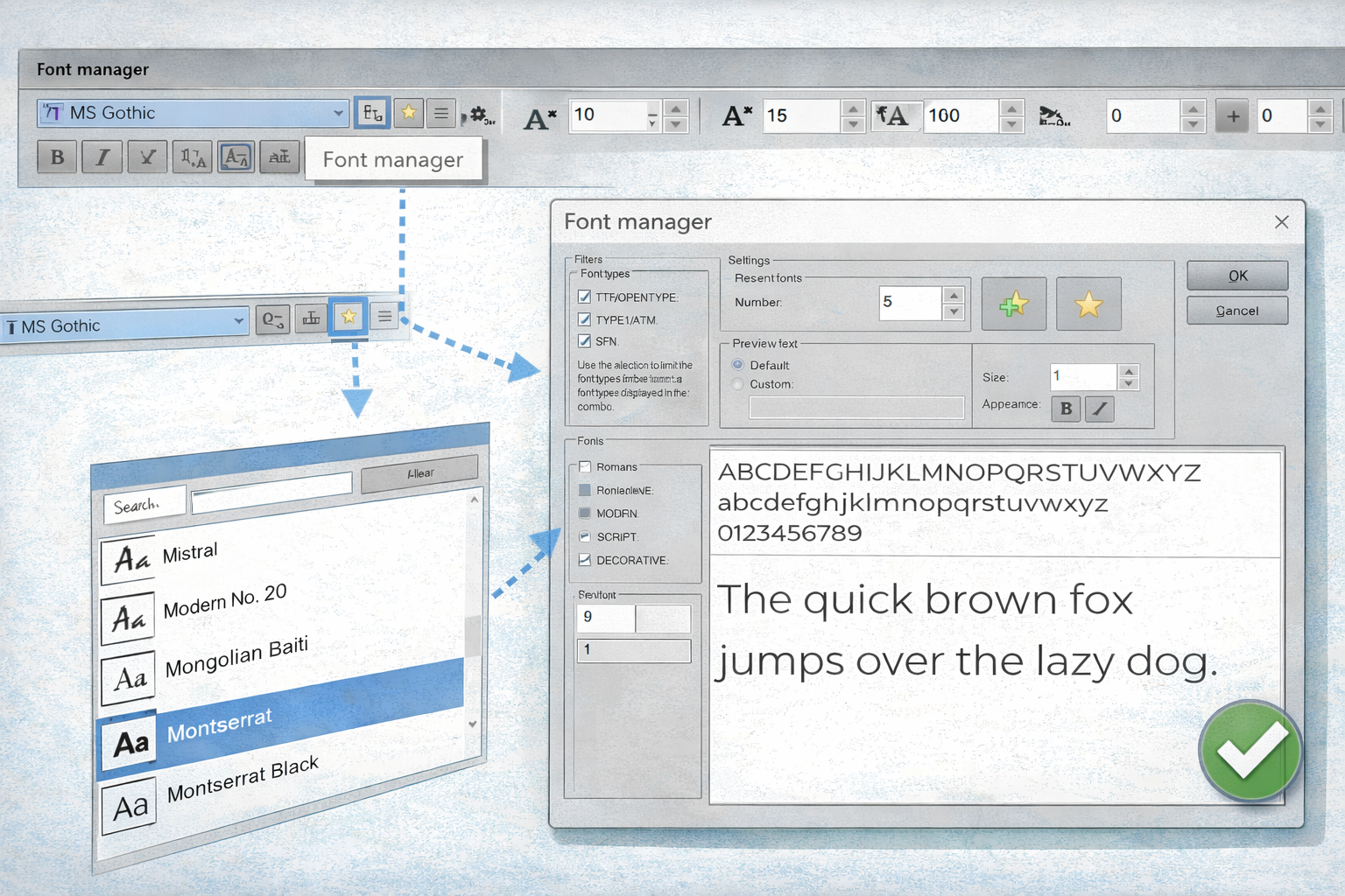 EasySIGN font manager showing font families, filters, recent fonts, and live text preview options.