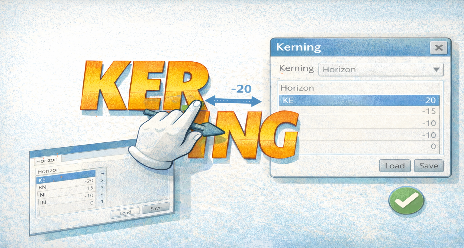 EasySIGN kerning tool adjusting spacing between characters in text using drag controls and a custom kerning table.