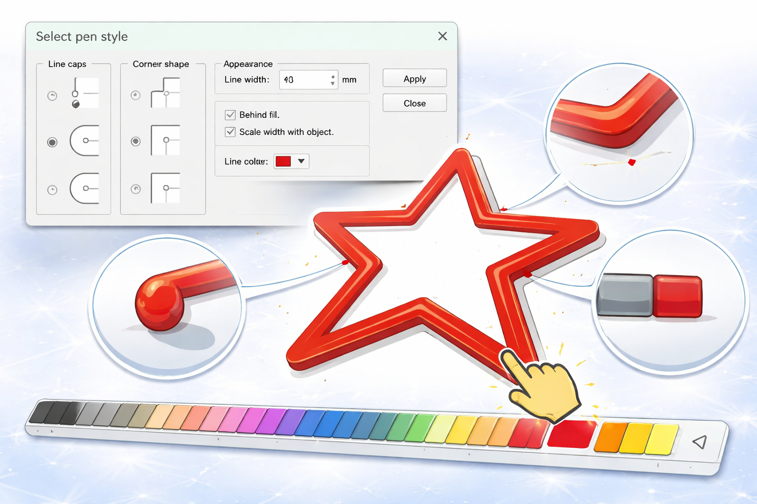 Illustratie die de EasySIGN Pen Styles-functie laat zien met een steromtrek, verschillende dop- en hoekstijlen, instellingen voor de lijndikte en kleurselectie uit het palet.