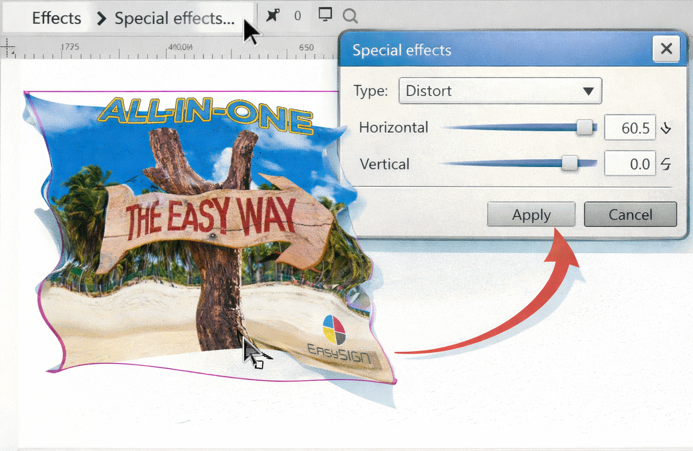 EasySIGN special effects feature showing a distortion applied to a bitmap using adjustable parameters.